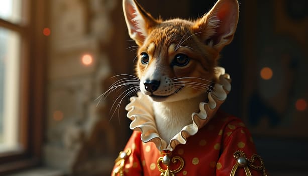 A cat wearing a red dress and a white collar. The cat is smiling and looking at the camera