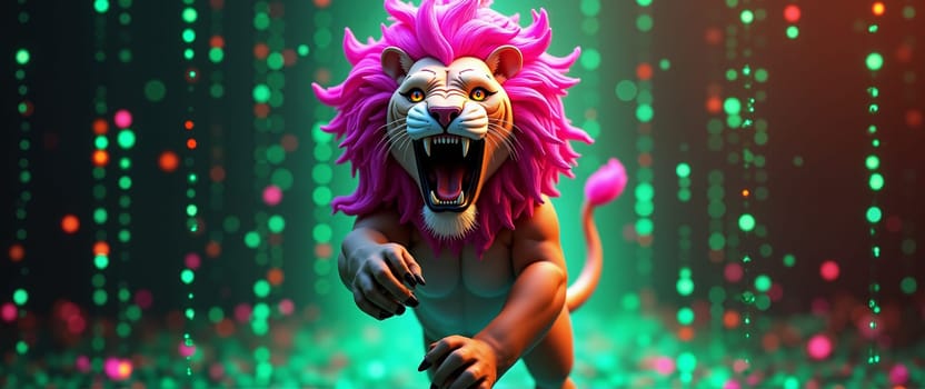 A cartoon lion with pink hair and a pink mouth is running through a green background. The lion is surrounded by a lot of dots, which give the image a playful and whimsical feel