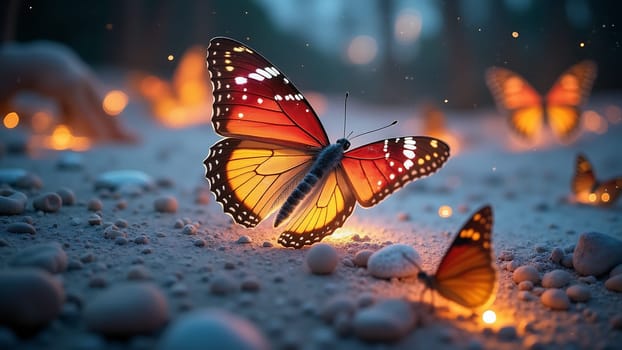 A butterfly is on a rocky beach with other butterflies in the background. The butterfly is orange and yellow, and it is the main focus of the image. The other butterflies are smaller