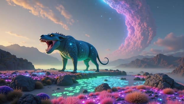 A blue dinosaur is standing in a field of purple flowers. The sky is filled with clouds and the sun is setting