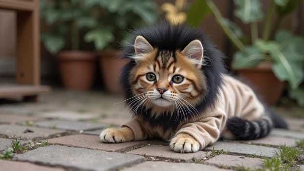 A kitten wearing a lion costume is laying on a brick patio. The kitten has a black and brown coat and a black and white tail