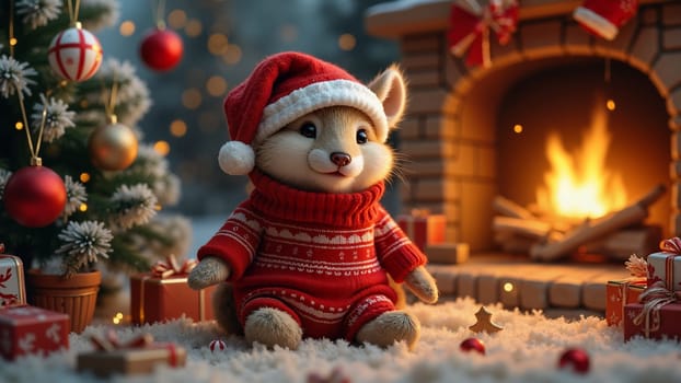 A small teddy bear is sitting in front of a fireplace with a red sweater on. The scene is set in a cozy, festive atmosphere, likely during the holiday season