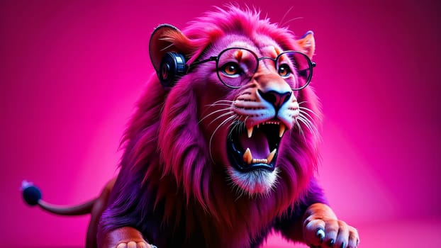 A lion with a headset on its head and a microphone in its mouth. The lion is wearing glasses and he is yelling