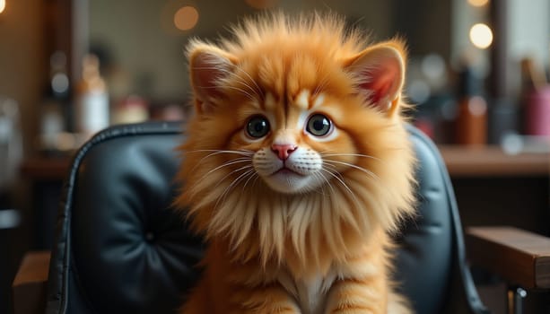 A fluffy orange cat is sitting on a black chair. The cat has a pink nose and is looking at the camera