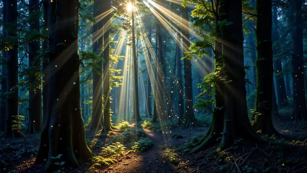 A forest with sunlight shining through the trees. The light is creating a warm and peaceful atmosphere. The trees are tall and green, and the leaves are rustling in the breeze. The forest is a serene