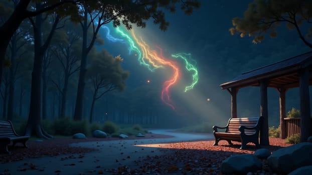 A bench is in the middle of a forest with a rainbow in the sky. The bench is empty