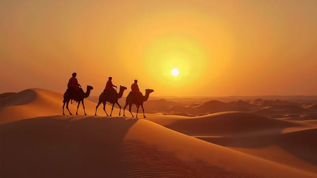 Two men riding camels in the desert at sunset. The sun is setting in the background