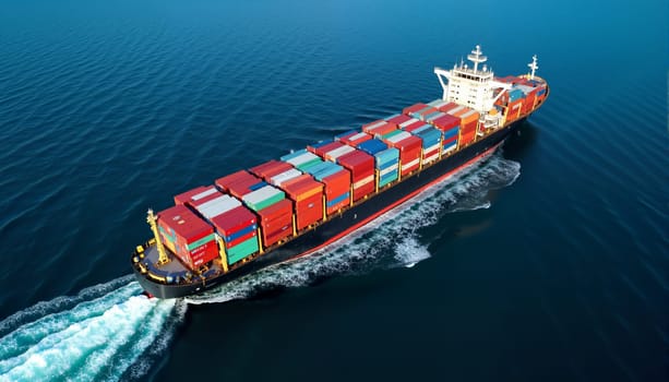 A large cargo ship is sailing through the ocean. The ship is carrying a large number of containers, and it is moving quickly through the water. Concept of power and efficiency