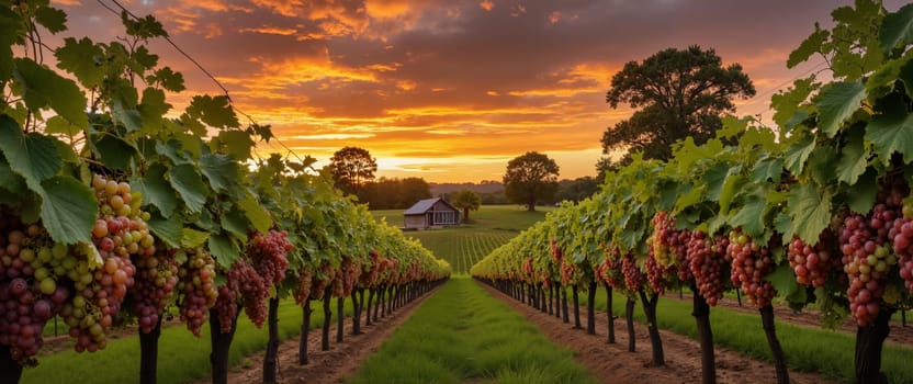 A row of grape vines with a house in the background. The sky is orange and the grapes are ripe