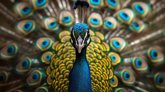 A majestic peacock showcases its colorful feathers in a vibrant display, capturing attention with bright blues and greens under the sunlight - Generative AI