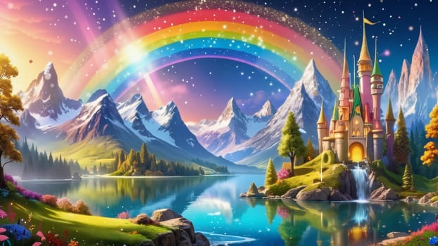 A colorful rainbow is above a castle and mountains. The castle is surrounded by a lush green valley with a river flowing through it. The sky is filled with stars, and the mountains are covered in snow