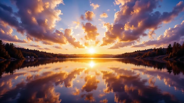The sun is setting over a lake, casting a warm glow on the water. The sky is filled with clouds, creating a serene and peaceful atmosphere. The reflection of the sun