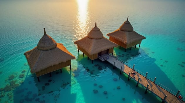 A beautiful blue ocean with a wooden bridge and four small houses on it. The houses are made of straw and are situated on the beach. The scene is peaceful and serene, with the water
