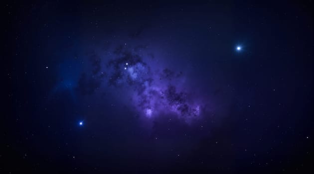 A starry sky with a large purple cloud in the middle. The stars are scattered throughout the sky, with some closer together and others further apart