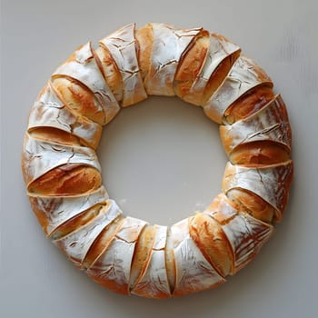 A decorative wreath made of baked bread sits elegantly on a table, resembling a piece of food jewellery. The dishware and metal elements complement the rustic cuisine theme