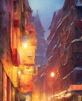 picture winter city evening december snowy street. High quality illustration