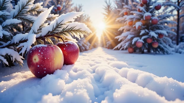 Two apples are on a snowy path in front of a tree. The apples are red and shiny, and the snow is white and fluffy. The scene has a peaceful and serene mood, with the apples