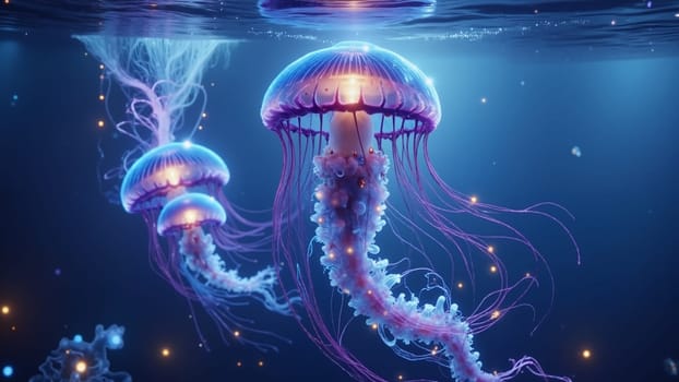 Two jellyfish with purple and blue tails are swimming in the ocean. The jellyfish are illuminated by the light of the camera