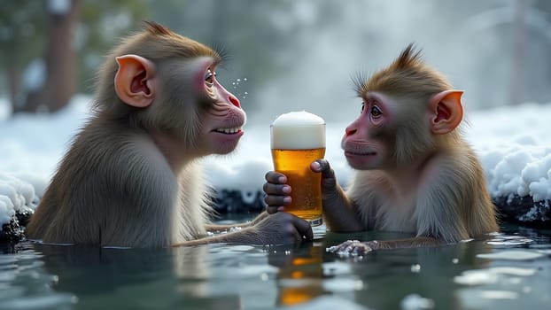 Two monkeys are in a pool of water, one holding a beer