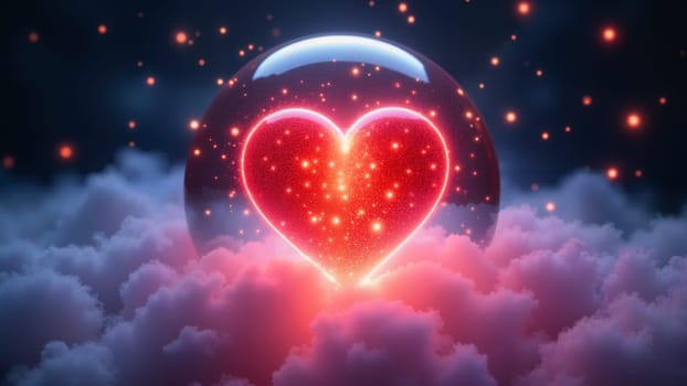 A heart is inside a glass sphere, surrounded by clouds. The heart is lit up with a red glow, giving the impression of a glowing heart. The scene is serene and peaceful, with the clouds