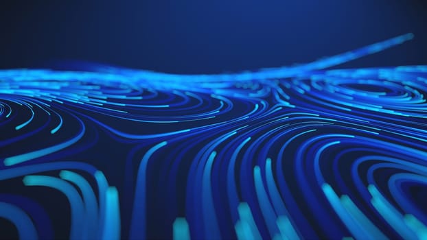 Dynamic glowing blue lines form an abstract flow pattern, symbolizing technological data streams and futuristic visualizations. The dark gradient background highlights the neon structure.