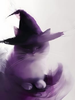 Abstract art of a magical purple cat with a witch hat on an ethereal background.