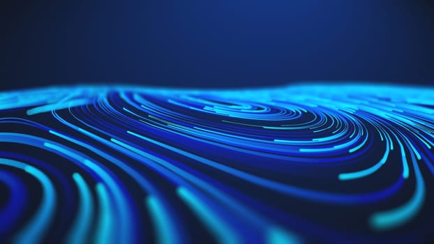 A captivating visualization of dynamic flowing blue lines creates an abstract futuristic concept of data streams and technological processing. The dark backdrop intensifies the neon effect.