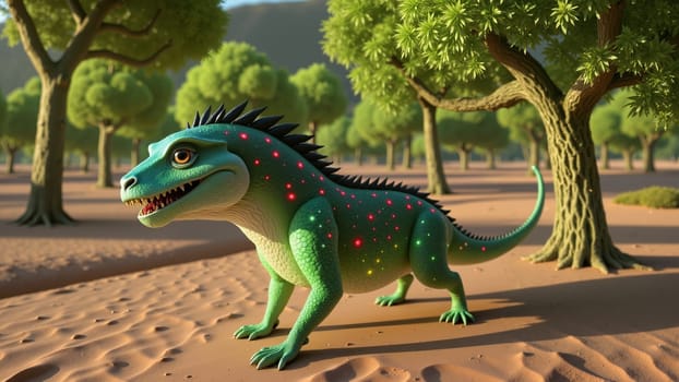 A green lizard with glowing eyes stands in a desert. The lizard is surrounded by trees, which are sparse and far apart. The scene is dark and moody, with the lizard looking menacing