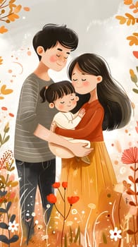 A man and woman are smiling while holding a happy toddler in their arms. The gesture captured in the photograph shows a fun and loving moment at a special event, with a flower plant in the background