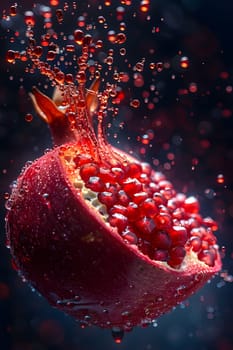 A liquid is splashing onto the pomegranate, creating a glittery effect. The electric blue fluid resembles a Christmas decoration, a festive event captured in a closeup artistic shot in carmine tones