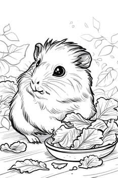 A monochromatic drawing of a rodent, possibly a hamster, eating lettuce from a bowl. The art showcases the whiskers, snout, and terrestrial nature of the small pest