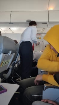 15 October 2024 Tel-Aviv Israel Ben Gurion airport. Airplane cabin interaction. High quality photo