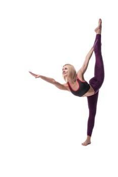 Blonde in sportswear doing yoga full-length isolated shot on white