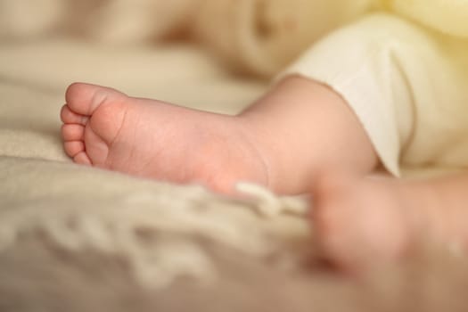 Closeup of a newborn baby's bare feet. Maternity and childhood concept. High quality photo