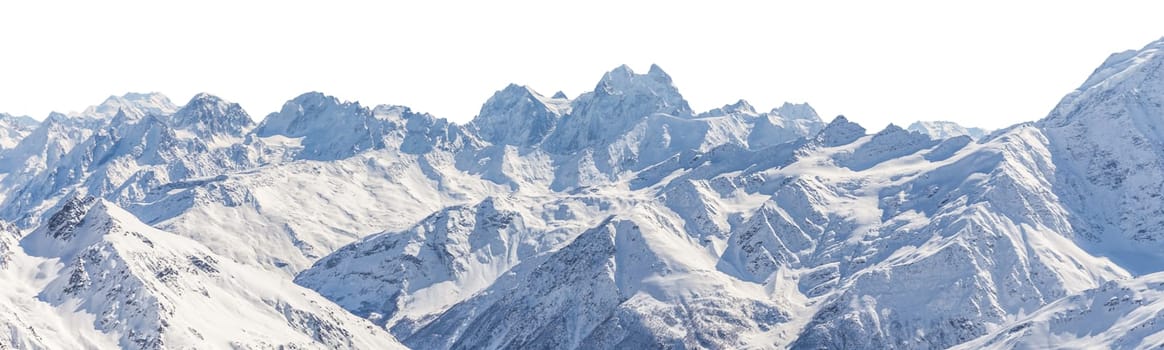 Panorama of winter mountains covered in snow isolated on white background. Mountain peaks in winter