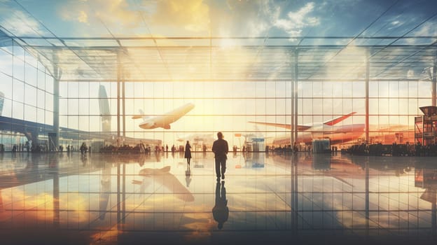 Silhouettes of people with suitcases at the airport. High quality illustration