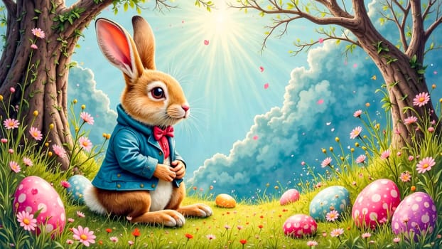 The Easter bunny sits amidst colorful eggs and flowers under a bright spring sky. Spring, Easter concept. Space for text.