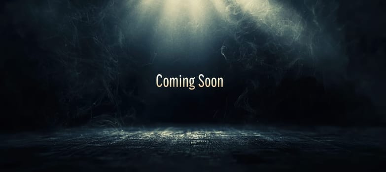 Dark and mysterious coming soon banner for a thriller movie, featuring a smoky texture and spotlight effect focusing on a central text area. ideal for promotional materials, digital posters, or movie trailers.