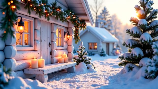 A cozy cabin is nestled in a snowy forest. Christmas, New Year concept.