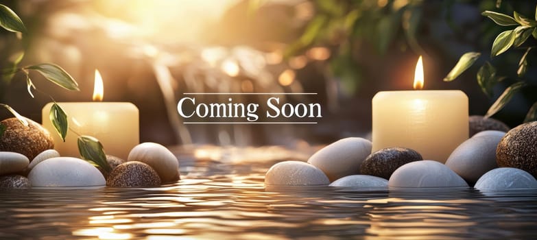 Gentle candlelight flickers amidst smooth pebbles and flowing water, creating a tranquil scene ideal for a spa or retreat banner. this soothing image evokes peace and relaxation, perfect for promoting wellness and mindfulness experiences.