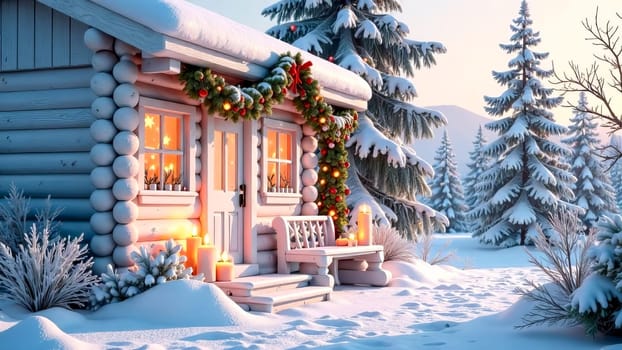 A cozy cabin is nestled in a snowy forest. Christmas, New Year concept.