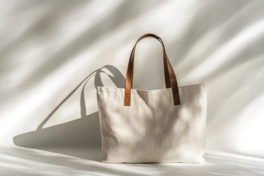 Elegant eco-friendly canvas tote bag featuring leather straps, displayed on a minimalist white background. subtle shadows highlight the bag's texture, making it perfect for fashion and sustainability-focused designs or promotional materials.