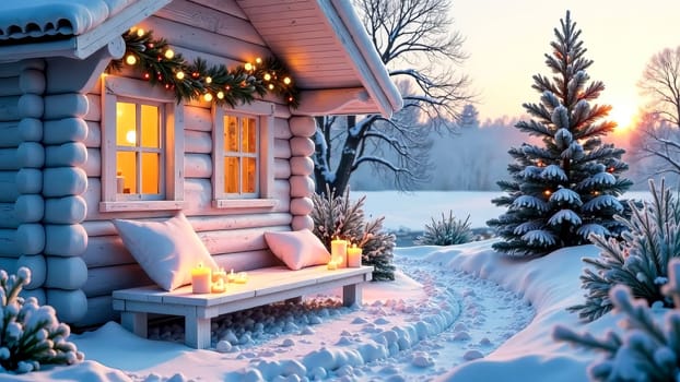 A cozy cabin is nestled in a snowy forest. Christmas, New Year concept.