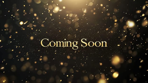 Modern coming soon banner featuring sleek golden text on a minimalistic black background. illuminated by subtle glowing light effects and floating soft particles, the design exudes elegance and sophistication for event promotion.