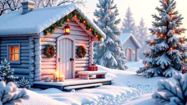 A cozy cabin is nestled in a snowy forest. Christmas, New Year concept.