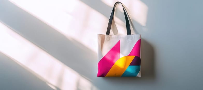A tote bag featuring a bold and colorful logo print set against a crisp white background. the minimalist design and perfect lighting highlight the striking appeal of the branding, making it ideal for modern promotional materials.