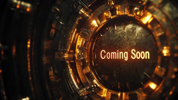 A slightly open vault door emits a warm golden light against a textured surface. the words coming soon glow softly, adding an air of intrigue and anticipation to the scene. perfect for themes of mystery, exclusivity, or announcements.