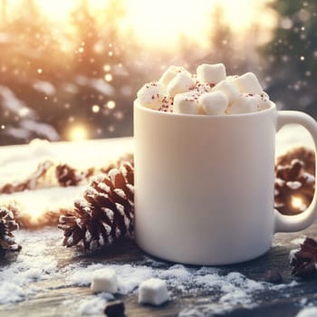 A cozy cup filled with hot cocoa and marshmallows rests on a snowy wooden table with pinecones nearby.