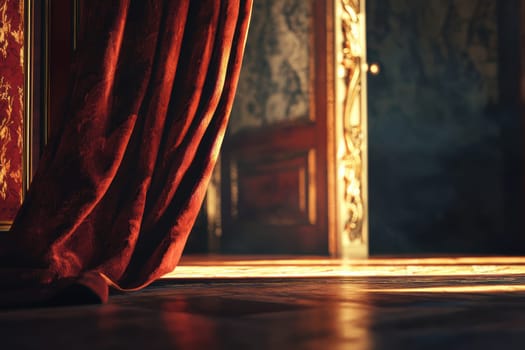 Luxurious interior featuring a velvet red curtain partially opened to reveal a subtle golden glow. includes a sophisticated wooden floor, a plush, upholstered chair, and a warm ambiance, ideal for elegant design inspirations and concepts.