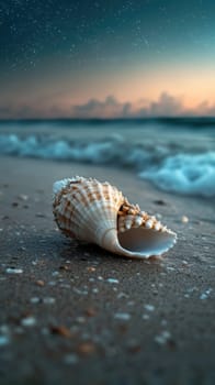 Conch Shell: delicate seashell, beach setting, tranquil ambiance, coastal beauty, sandy shore, peaceful sound, natural ornament, oceanic charm, serene atmosphere, captivating ocean view,